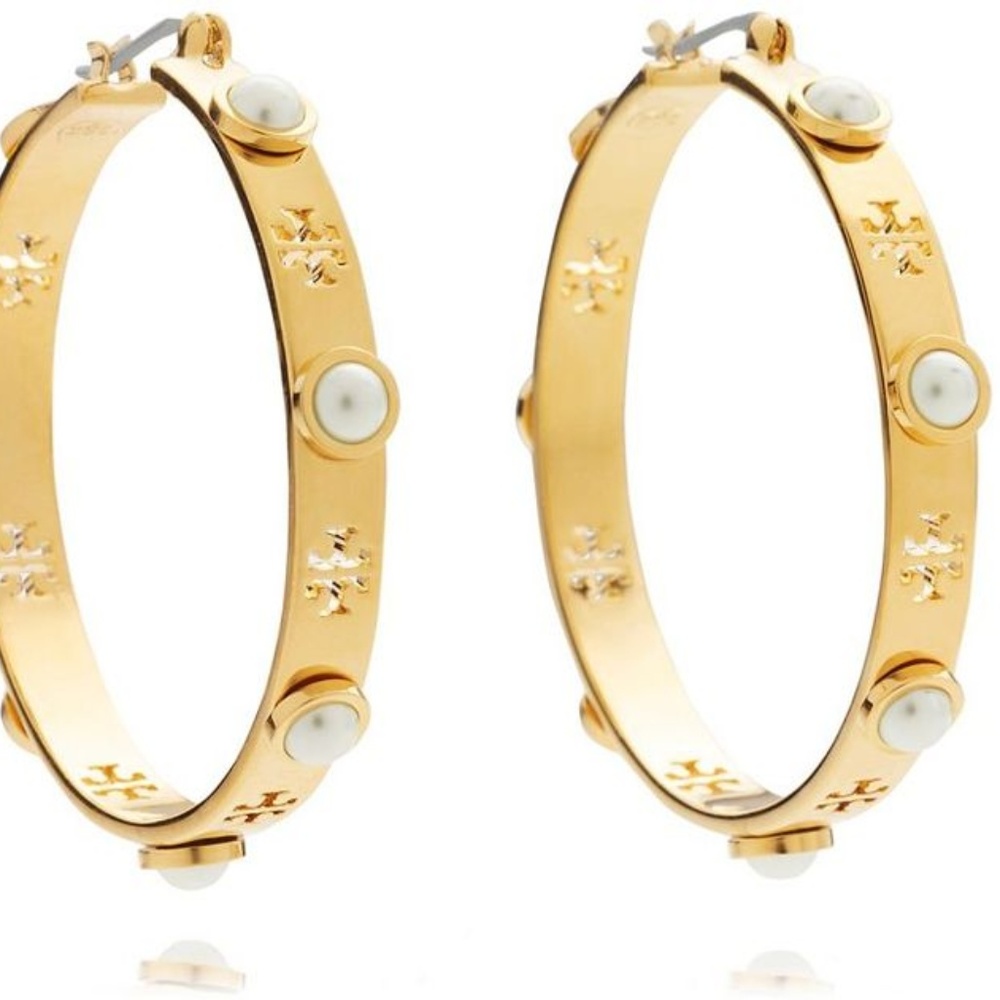 Tory Burch T-Pierced Logo & Pearl Hoop Earrings